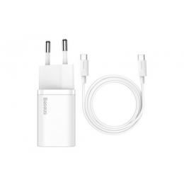 Блок питания сетевой 1 Type-C Baseus, Super, 3.0A, 25Вт, QC3.0, PD3.0, кабель Type-C, цвет: белый
