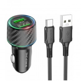 Блок питания автомобильный 2 USB Borofone BZ21A, Brilliant, 36Вт, PD/ QC/ FCP/ AFC, кабель USB - Type-C, цвет: чёрный