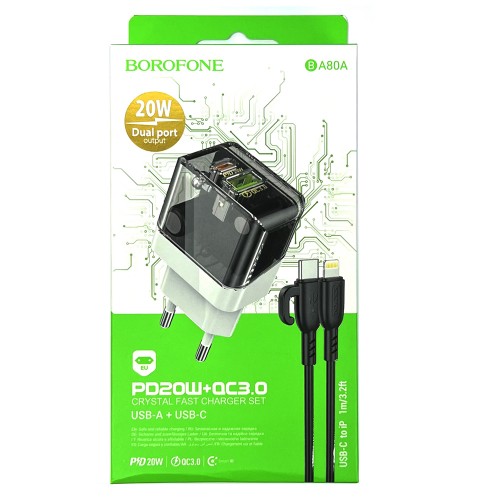 Блок питания сетевой 1 USB, Type-C Borofone BA80A, scenery, 5V, 3.0A, 20Вт, PD, QC, FCP, AFC, кабель 8 pin-Type-C, цвет: чёрный, прозрачный