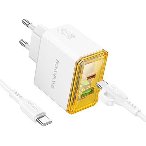 Блок питания сетевой USB, Type-C Borofone BAS32A, Treasure, 5V, 3.0A, 30Вт, PD, QC 3.0, кабель Type-C, Type-C, 1.0м, цвет: белый