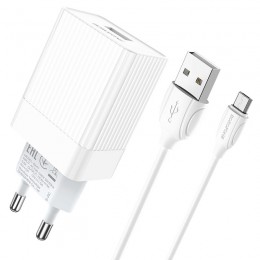 Блок питания сетевой 1 USB Borofone BA47A, Mighty, 3000mA, 18Вт, QC3.0, QC2.0, кабель микро USB, цвет: белый