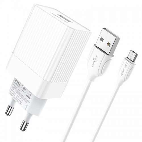 Блок питания сетевой 1 USB Borofone BA47A, Mighty, 3000mA, 18Вт, QC3.0, QC2.0, кабель микро USB, цвет: белый