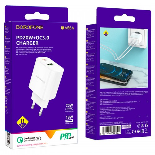 Блок питания сетевой 1 USB, Type-C Borofone BA55A, Crown, 20Вт, QC3.0, PD, цвет: белый