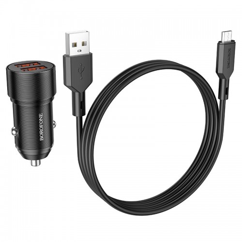 Блок питания автомобильный 2 USB Borofone BZ19B, Wisdom, кабель USB - микро USB, 1.0м, цвет: чёрный