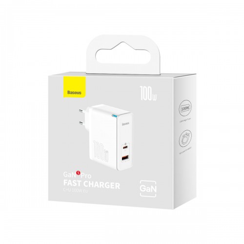Блок питания Baseus CCGAN100E5, 100Вт, 1 USB, 1 Type-C, белый
