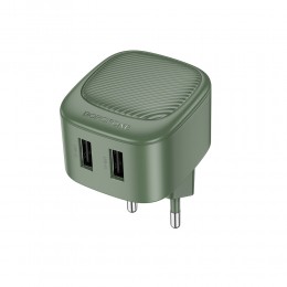 Блок питания сетевой 2 USB Borofone BAS21A, 5V, 2.1A, цвет: зеленый