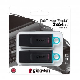 Флеш-накопитель 64Gb Kingston DataTraveler Exodia, USB 3.2 gen, пластик, чёрный, бирюзовый, 2шт.