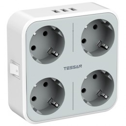 Сетевой фильтр TESSAN TS-302-DE, 4 розетки, 3 USB, цвет: серый
