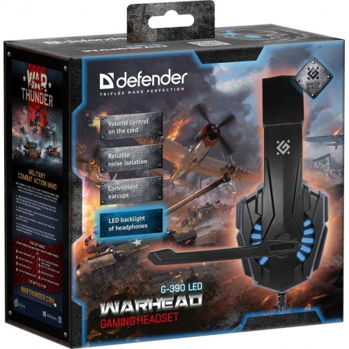 Наушники полноразмерные Defender G-390, Warhead, микрофон, кабель 1.8м, цвет: чёрный, синий