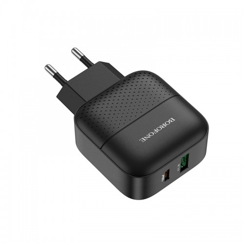 Блок питания сетевой 1 USB, Type-C Borofone BA46A, Premium, QC3.0, QC2.0, FCP, SCP, AFC, PD3.0, цвет: чёрный