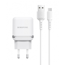 Блок питания сетевой 2 USB Borofone BA25A, 2400mA, 3000mA, кабель микро USB, цвет: белый