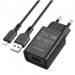 Блок питания сетевой 1 USB Borofone BA68A, Glacier, 2100mA, кабель  8 pin, цвет: чёрный