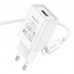 Блок питания сетевой 1 USB Borofone BA68A, Glacier, 2100mA, кабель  8 pin, цвет: белый