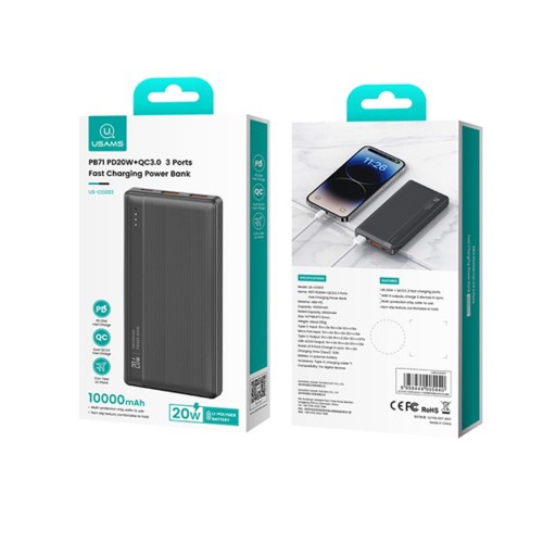 Аккумулятор внешний Usams US-CD203, 10000mAh, QC3.0, PD 20Вт, цвет: фиолетовый