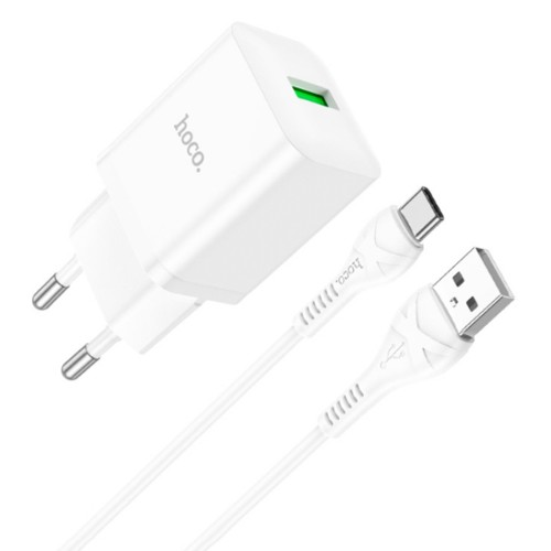 Блок питания сетевой 1 USB HOCO N26, Maxim, 3000mA, 18Вт, QC3.0, кабель Type-C, цвет: белый