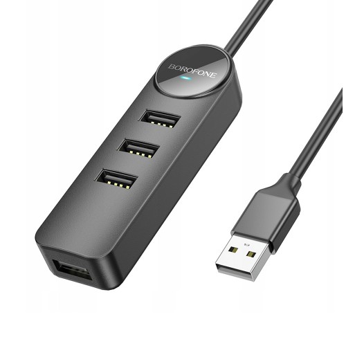 USB-концентратор Borofone DH5, Erudite 4-in-1, 4 гнезда, 4xUSB 2.0, кабель USB 1.2м, цвет: чёрный