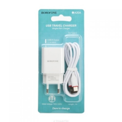 Блок питания сетевой 1 USB Borofone BA20A, Sharp, 2100mA, кабель Type-C, цвет: белый