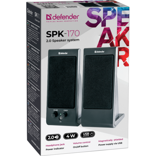 Колонка компьютерная 2.0 Defender, SPK-170, пластик, USB, AUX, MP3, цвет: чёрный