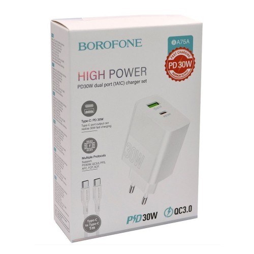 Блок питания сетевой 1 USB, Type-C Borofone BA75A, Source, 30Вт, PD/ QC/ FCP/ AFC, цвет: белый