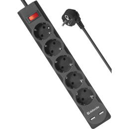 Сетевой фильтр Defender DFS, 1.8м, 5 розеток, 2 USB, с выключателем, цвет: чёрный
