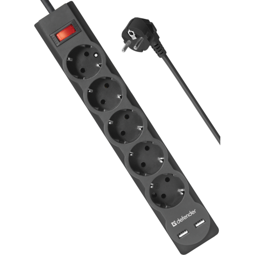 Сетевой фильтр Defender DFS, 5 розеток, 2 USB, чёрный
