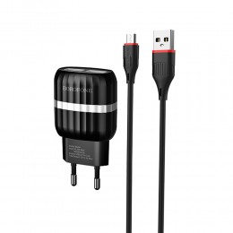 Блок питания сетевой 2 USB Borofone, BA24A, Vigour, 2400mA, пластик, кабель микро USB, цвет: чёрный