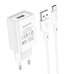 Блок питания сетевой 1 USB Borofone BA68A, Glacier, 2100mA, кабель Type-C, цвет: белый