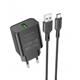 Блок питания сетевой 1 USB Borofone BA72A, 2.1A, 18Вт, QC3.0, кабель Type-C, цвет: чёрный