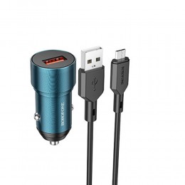 Блок питания автомобильный 1 USB Borofone BZ19A, Wisdom, 18Вт, QC3.0, кабель микро USB, цвет: синий