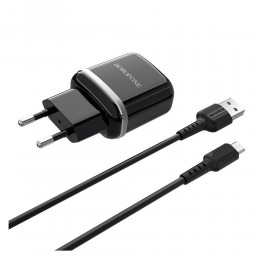 Блок питания сетевой 2 USB Borofone BA25A, 2400mA, 3000mA, кабель микро USB, цвет: чёрный