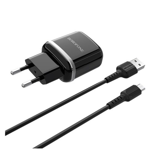 Блок питания сетевой 2 USB Borofone BA25A, 2400mA, 3000mA, кабель микро USB, цвет: чёрный