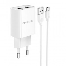 Блок питания сетевой 2 USB Borofone BA53A, Powerway, 2100mA, кабель Type-C, цвет: белый
