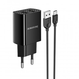 Блок питания сетевой 2 USB Borofone BA53A, Powerway, 2100mA, кабель Type-C, цвет: чёрный
