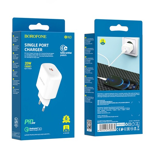Блок питания Borofone BN3, 20Вт, Type-C, белый, PD/QC/FCP/AFC
