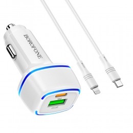 Блок питания автомобильный 1 USB, Type-C Borofone BZ14A , Mercury, 3000mA, QC3.0, FCP, SCP, AFC, PD3.0, кабель Type-C-8-pin, цвет: белый
