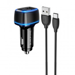 Блок питания автомобильный 2 USB Borofone BZ14, Max, 2400mA, кабель Type-C, цвет: чёрный
