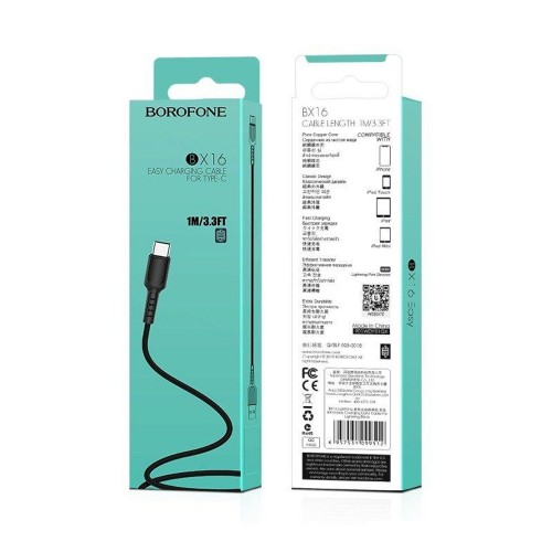 Кабель USB - Type-C Borofone BX16 Easy, 1.0м, 3.0A, цвет: чёрный