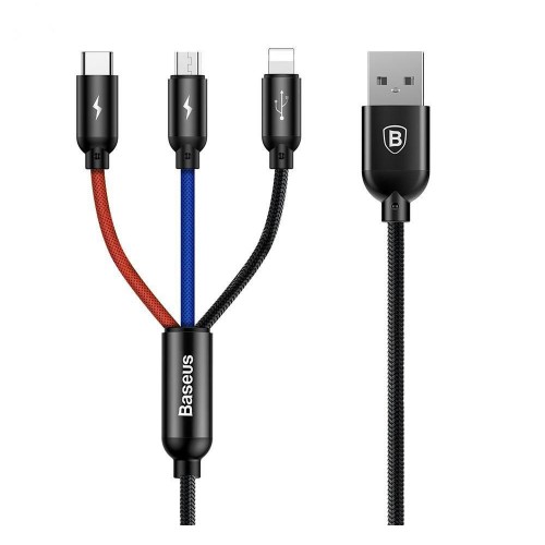 Кабель USB - 8 pin, Type-C, микро USB Baseus Three Primary Colors, 0.3м, 3.5A, цвет: чёрный