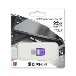 Флеш-накопитель 128Gb Kingston DataTraveler microDuo 3C G3, USB 3.2 gen, Type-C, пластик, 200 МБ/с, фиолетовый