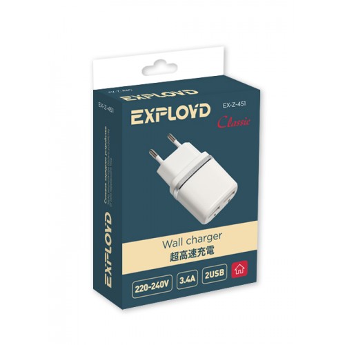 Блок питания сетевой 2 USB Exployd, EX-Z-451, Classic, 3400mA, пластик, цвет: белый