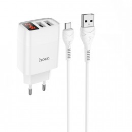 Блок питания сетевой 2 USB HOCO C86A, Illustrious, 5V, 2400mA, кабель микро USB, цвет: белый