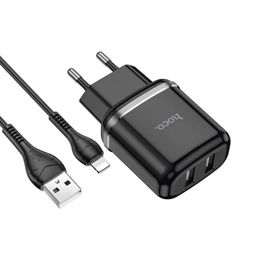 Блок питания сетевой 2 USB HOCO N4, Aspiring, 2400mA, кабель 8 pin, цвет: чёрный