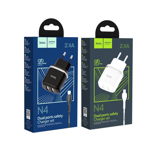 Блок питания сетевой 2 USB HOCO N4, Aspiring, 2400mA, кабель 8 pin, цвет: чёрный