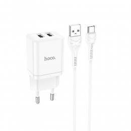 Блок питания сетевой 2 USB HOCO N25, Maker, 2100mA, кабель Type-C, цвет: белый