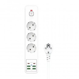 Удлинитель электрический Power Socket BKL-03-3, 2.0м, 3 розетки, 2 Type-C, 4 USB, 3.4A, выключатель, цвет: белый