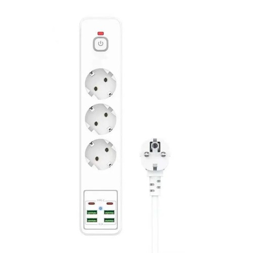 Удлинитель электрический Power Socket BKL-03-3, 2.0м, 3 розетки, 2 Type-C, 4 USB, 3.4A, выключатель, цвет: белый