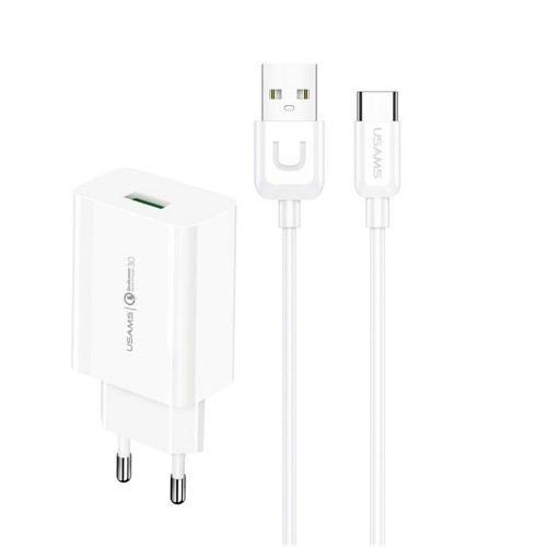 Блок питания сетевой 1 USB Usams, T48, 3000mA, кабель USB - Type-C, цвет: белый