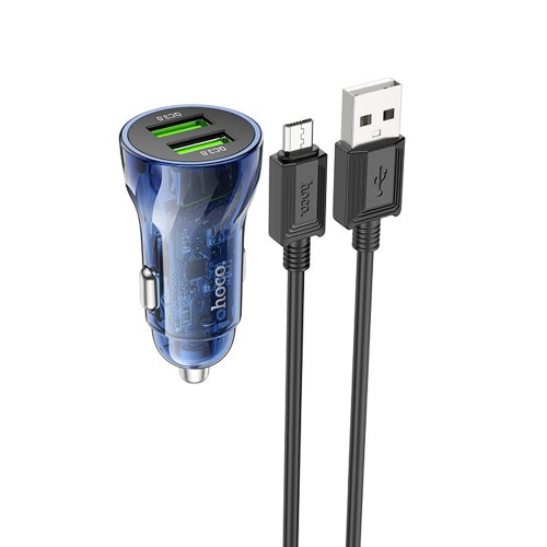 Блок питания автомобильный 2 USB HOCO Z47, Transparent discovery edition, 18Вт, QC3.0, кабель микро USB, цвет: синий