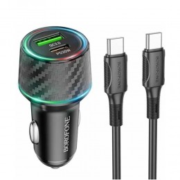 Блок питания автомобильный 1 USB, Type-C Borofone BZ21, Brilliant, 48Вт, PD/ QC/ FCP/ AFC, кабель Type-C-Type-C, цвет: чёрный