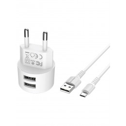Блок питания сетевой 2 USB Borofone BA23A, Brilliant, 2400mA, кабель микро USB, цвет: белый
